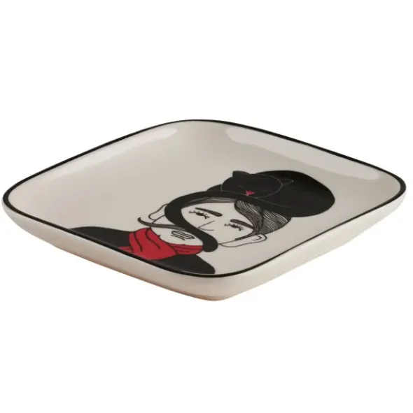 Dekoteller eckig mit Illustration – Mann mit Katze, Porzellan