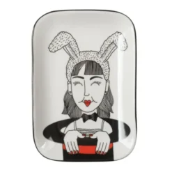 Dekoteller Frau mit Hasenohren – rechteckige Schmuckschale aus Keramik, 11 x 15,5 cm