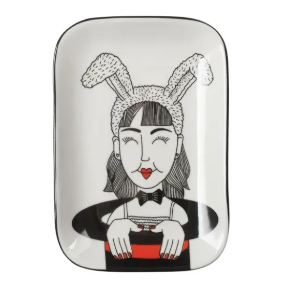 Dekoteller Frau mit Hasenohren – rechteckige Schmuckschale aus Keramik, 11 x 15,5 cm