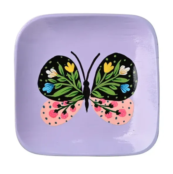 Dekoteller Schmetterling aus Mangoholz – eckige Schmuckschale lila