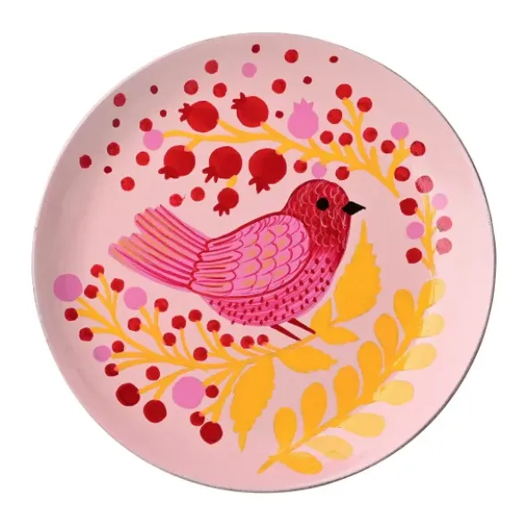 Dekoteller Vogel – runde Schmuckschale aus Mangoholz mit rosa Vogelmotiv