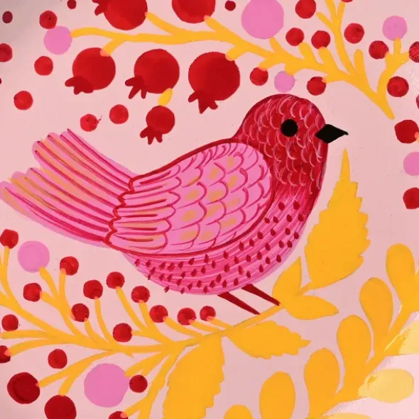 Dekoteller Vogel – runde Schmuckschale aus Mangoholz mit rosa Vogelmotiv