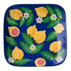 Dekoteller Zitrone aus Mangoholz – eckige Schmuckschale blau mit Zitronenmotiv