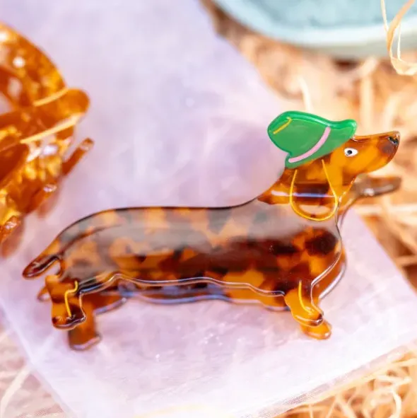 Haarklammer Dackel 9 x 5 cm, bayerischer Dachshund mit Hut