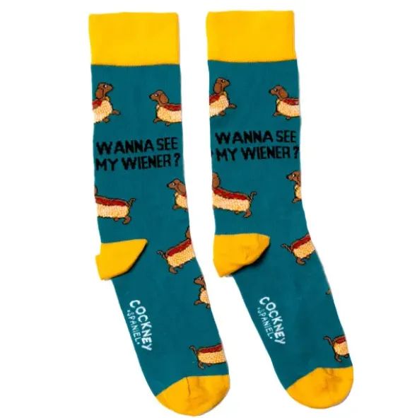 Herrensocken mit Dackel Hotdog Motiv - Spruchsocken WANNA SEE MY WIENER? Gr. 39-46