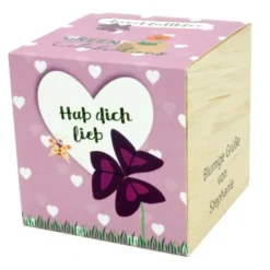 Herzblattklee im Holzwürfel - Hab dich lieb, personalisiert