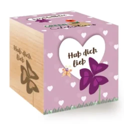 Herzblattklee im Holzwürfel - Hab dich lieb, personalisiert