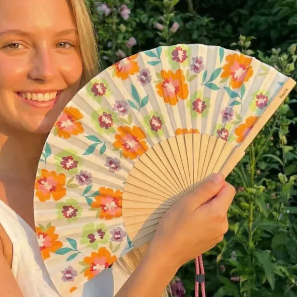 Holzfächer 42 cm Blumenmotiv - Handfächer mit Textilbespannung & Trageschlaufe