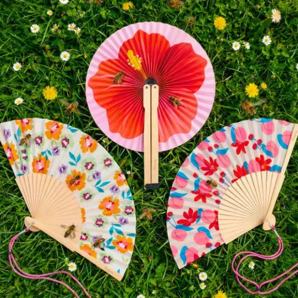 Holzfächer 42 cm Blumenmotiv - Handfächer mit Textilbespannung & Trageschlaufe