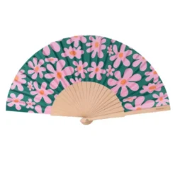 Holzfächer 42 cm Blumenmotiv pink - Handfächer mit Textilbespannung & Trageschlaufe