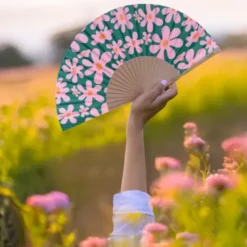 Holzfächer 42 cm Blumenmotiv pink - Handfächer mit Textilbespannung & Trageschlaufe