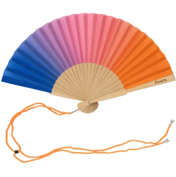 Holzfächer 34,5 cm bunt - Handfächer mit Textilbespannung & Trageschlaufe