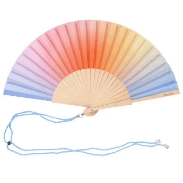 Holzfächer 42 cm Farbverlauf bunt - Handfächer mit Textilbespannung & Trageschlaufe