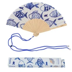 Holzfächer 42 cm Fische blau-weiß - Handfächer mit Textilbespannung & Trageschlaufe