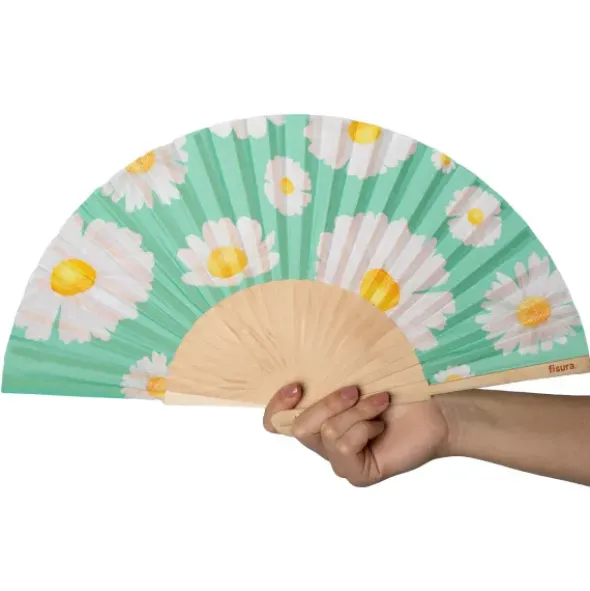 Holzfächer 42 cm Gänseblümchen - Handfächer mit Textilbespannung & Trageschlaufe