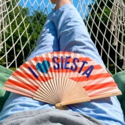 Holzfächer 42 cm I LOVE SIESTA - Handfächer mit Textilbespannung & Trageschlaufe