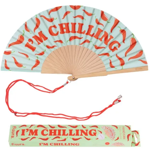 Holzfächer 42 cm I`M CHILLING - Handfächer mit Textilbespannung & Trageschlaufe