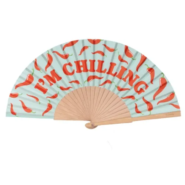 Holzfächer 42 cm I`M CHILLING - Handfächer mit Textilbespannung & Trageschlaufe