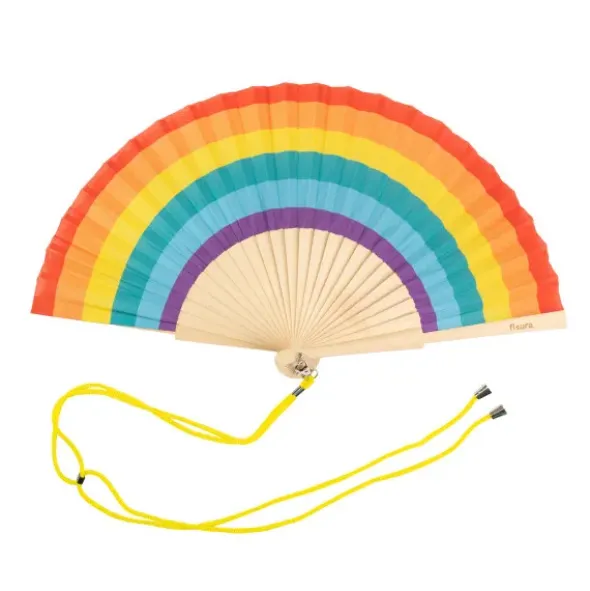 Holzfächer 42 cm Regenbogen bunt - Handfächer mit Textilbespannung & Trageschlaufe