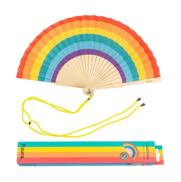 Holzfächer 42 cm Regenbogen bunt - Handfächer mit Textilbespannung & Trageschlaufe