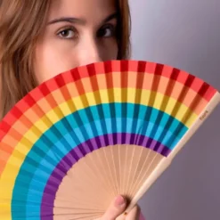 Holzfächer 42 cm Regenbogen bunt - Handfächer mit Textilbespannung & Trageschlaufe