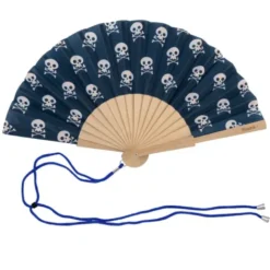 Holzfächer 34,5 cm Totenkopfmotiv - Handfächer mit Textilbespannung & Trageschlaufe