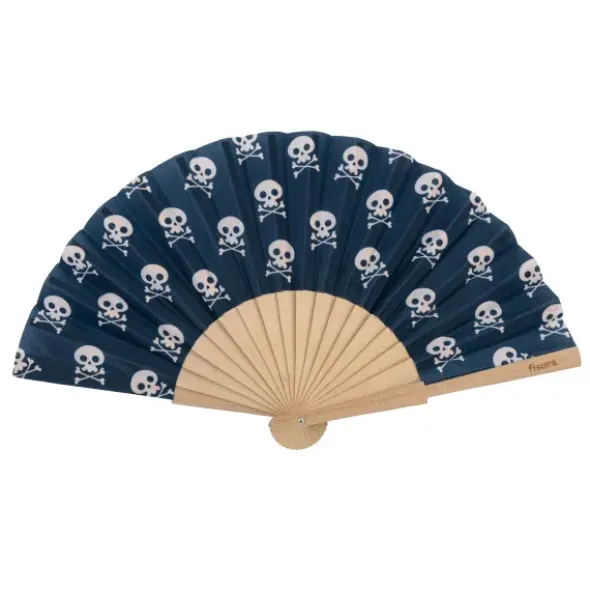 Holzfächer 34,5 cm Totenkopfmotiv - Handfächer mit Textilbespannung & Trageschlaufe