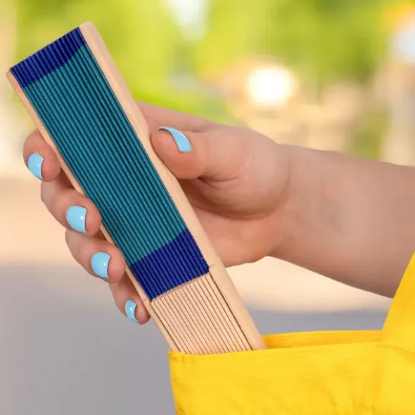 Holzfächer 34,5 cm Türkis-Blau - Handfächer mit Textilbespannung & Trageschlaufe