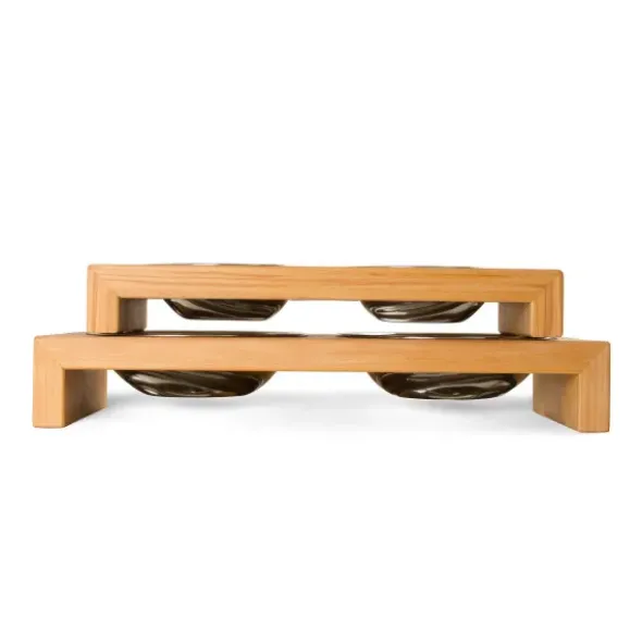 Hundenapf aus Holz mit 2 Fressnäpfen aus Edelstahl, klein
