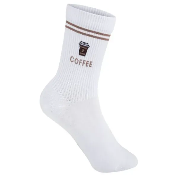 Kaffee Socken Gr. 36-39 - weiße Motivsocken mit gesticktem Coffee to go Becher und Schriftzug