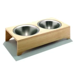Katzennapf aus Holz – Futternapf Tom mit 2 Edelstahlnäpfen à 500 ml