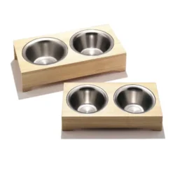 Katzennapf aus Holz – Futternapf Tom mit 2 Edelstahlnäpfen à 500 ml
