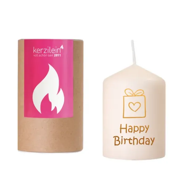 Kerze - HAPPY BIRTHDAY Paket gold, 8 cm creme