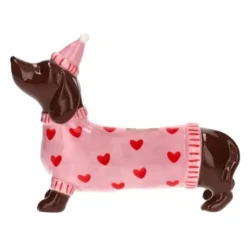 Kerzenhalter für Stabkerzen - Dackel mit rosa Mütze & Herz-Pullover