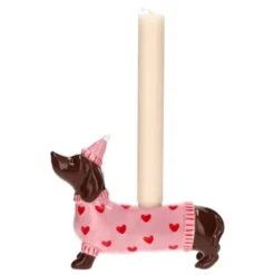 Kerzenhalter für Stabkerzen - Dackel mit rosa Mütze & Herz-Pullover
