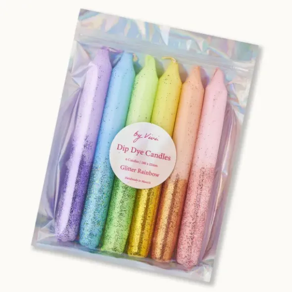 Kerzen im Set - Stabkerzen 6 Stück GLITTER RAINBOW, Glitzer Regenbogen