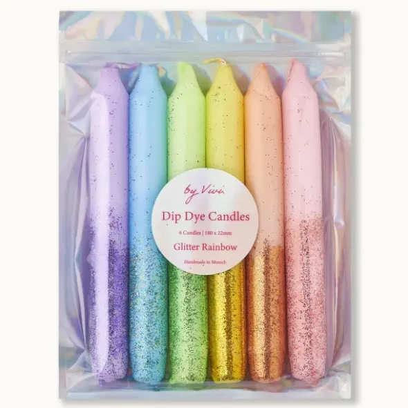 Kerzen im Set - Stabkerzen 6 Stück GLITTER RAINBOW, Glitzer Regenbogen