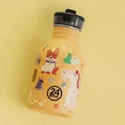 Kindertrinkflasche 0,25 l mit Bauernhof Motiv – Edelstahlflasche orange mit Sporttrinkverschluss und Strohhalm