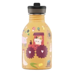 Kindertrinkflasche 0,25 l mit Bauernhof Motiv – Edelstahlflasche orange mit Sporttrinkverschluss und Strohhalm