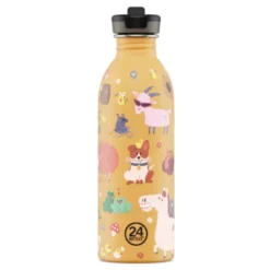 Kindertrinkflasche 0,5 l mit Bauernhof Motiv – Edelstahlflasche in orange mit Sporttrinkverschluss und Strohhalm