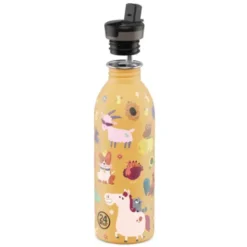 Kindertrinkflasche 0,5 l mit Bauernhof Motiv – Edelstahlflasche in orange mit Sporttrinkverschluss und Strohhalm