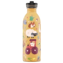 Kindertrinkflasche 0,5 l mit Bauernhof Motiv – Edelstahlflasche in orange mit Sporttrinkverschluss und Strohhalm