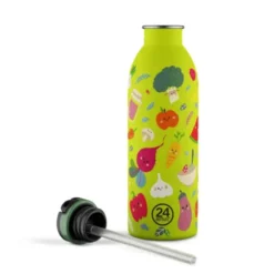 Kindertrinkflasche 0,5 l mit Gemüse Motiv - Edelstahlflasche mit Strohhalm und Sporttrinkverschluss