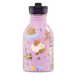 Kindertrinkflasche 0,25 l mit Katzen Motiv – Edelstahlflasche in rosa mit Sporttrinkverschluss und Strohhalm
