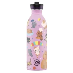 Kindertrinkflasche 0,5 l mit Katzen Motiv – rosa Edelstahlflasche mit Sporttrinkverschluss und Strohhalm