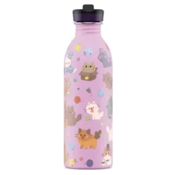 Kindertrinkflasche 0,5 l mit Katzen Motiv – rosa Edelstahlflasche mit Sporttrinkverschluss und Strohhalm