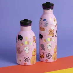 Kindertrinkflasche 0,5 l mit Katzen Motiv – rosa Edelstahlflasche mit Sporttrinkverschluss und Strohhalm