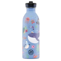 Kindertrinkflasche 0,5 l mit Meerestiere Motiv – blaue Edelstahlflasche mit Sporttrinkverschluss und Strohhalm