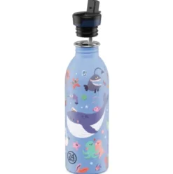 Kindertrinkflasche 0,5 l mit Meerestiere Motiv – blaue Edelstahlflasche mit Sporttrinkverschluss und Strohhalm