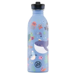 Kindertrinkflasche 0,5 l mit Meerestiere Motiv – blaue Edelstahlflasche mit Sporttrinkverschluss und Strohhalm